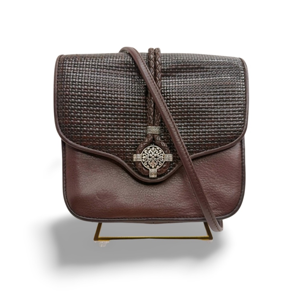 One World by Brighton EUC Vintage Woven Leather Crossbody Bag Brown Boho Snap